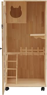 Wooden Cat House for Indoor and Outdoor Cats with Scratching Posts and Wheels, Catio Cat Enclosure