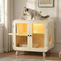 Cat Litter Box Enclosure with RGB LED Light, Retro TV-Style Hidden Furniture with Glass Doors, Beige White