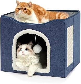 Large Cat Bed for Indoor Cats, Hideaway Shelter with Fluffy Ball Toy