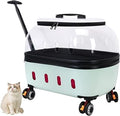 Portable Pet Trolley Case, Transparent Breathable Hard Carrier with Rolling Wheels and Telescopic Rod, Green