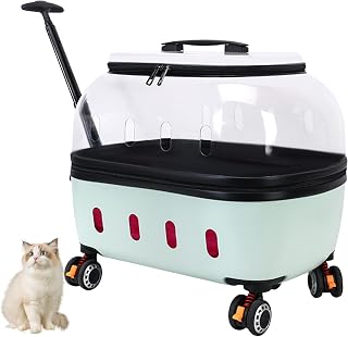 Portable Pet Trolley Case, Transparent Breathable Hard Carrier with Rolling Wheels and Telescopic Rod, Green