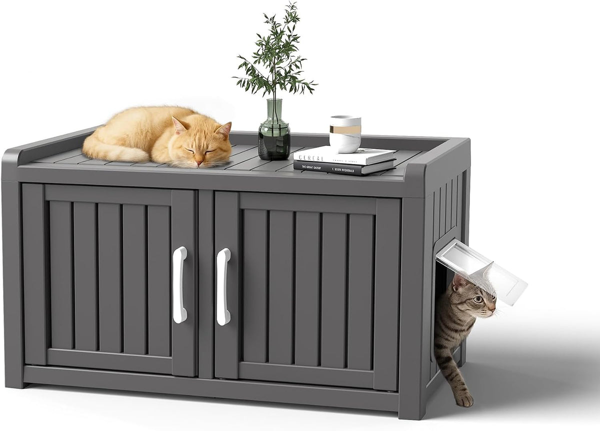 Black resin litter box enclosure bench with three doors – view 3