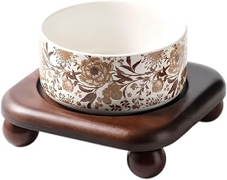 Ceramic Cat Bowl with Wooden Stand, Elevated Anti-Slip Pet Feeder