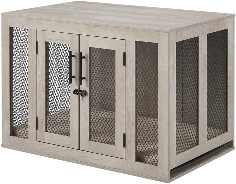 Wooden furniture style dog crate end table with mesh doors