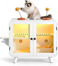 Hidden Cat Litter Box Enclosure with RGB LED Light, Stairs and Pom-Pom Toys, Wooden
