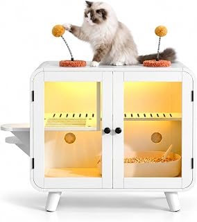Hidden Cat Litter Box Enclosure with RGB LED Light, Stairs and Pom-Pom Toys, Wooden