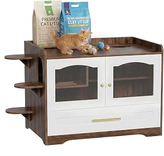 Dog-Proof Cat Litter Box Enclosure with Staircase, Drawer and Acrylic Door