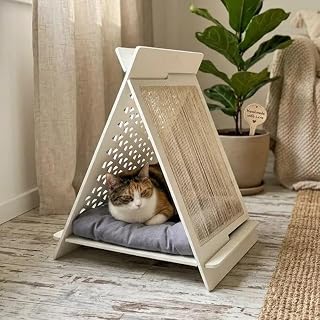 Modern White Cat Bed with Scratching Post, Triangle Cave with Soft Cushion