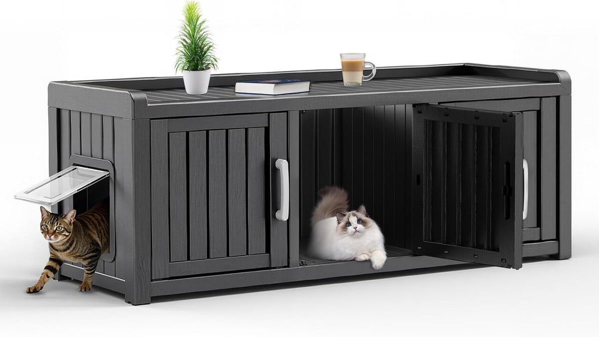 Black resin litter box enclosure bench with three doors
