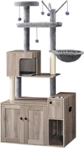 Greige cat tree tower above a hidden litter box cabinet with food bowl and hammock