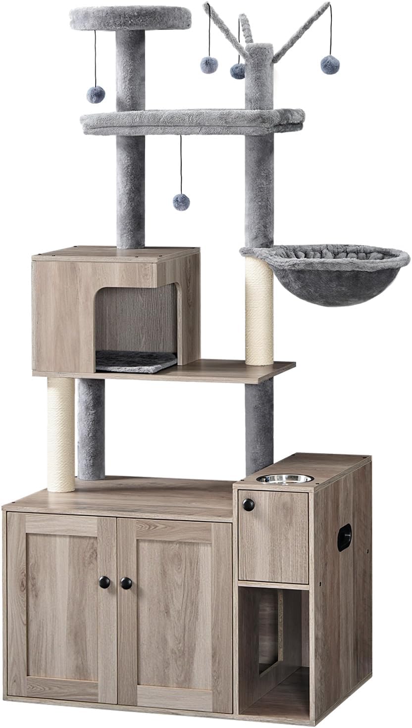 Greige cat tree tower above a hidden litter box cabinet with food bowl and hammock