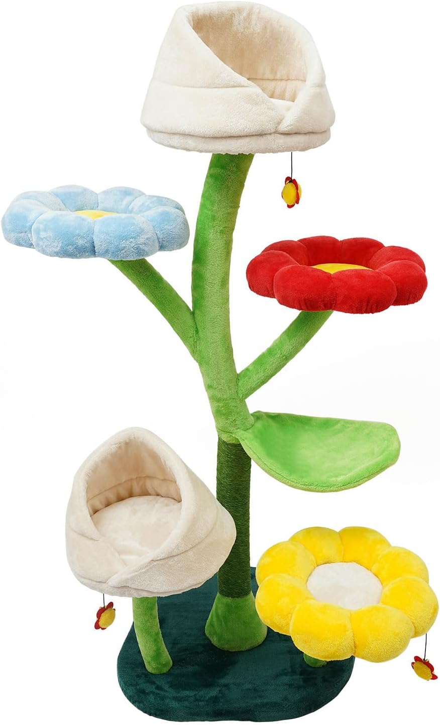 Colorful flower-shaped cat tree with nests and platforms