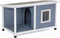 Light grey outdoor dog house with shaded balcony for medium dogs