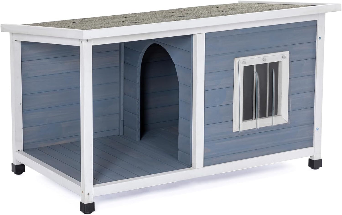 Light grey outdoor dog house with shaded balcony for medium dogs