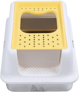 High-Sided Stainless Steel Cat Litter Box, White and Yellow