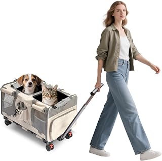 PETCUTE Rolling Pet Carrier for 2 Cats, Double-Compartment with Wheels, Up to 38.5 lbs, Airline Approved, Beige