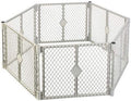 Grey and white six-panel plastic play yard gate set up in a circle