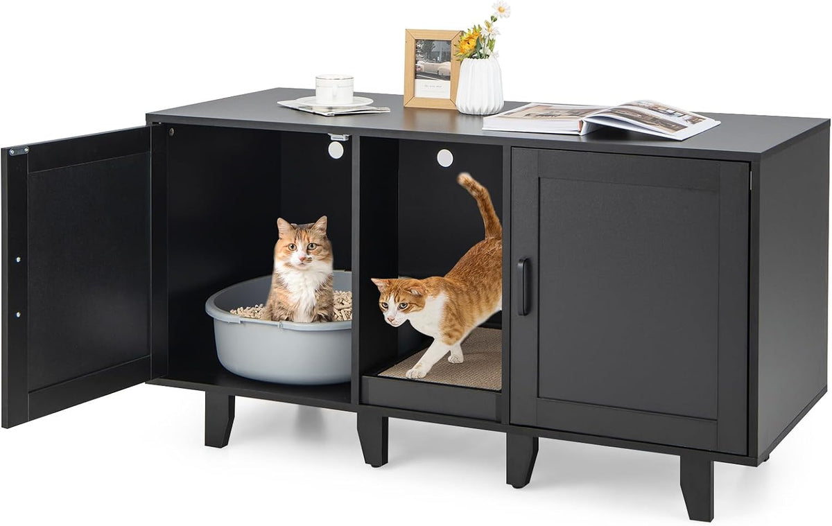 Black double litter box enclosure cabinet used as a TV stand