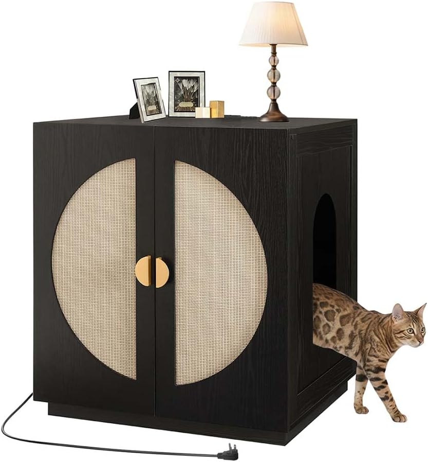 Tall wooden cat litter box enclosure cabinet with shelves – view 4