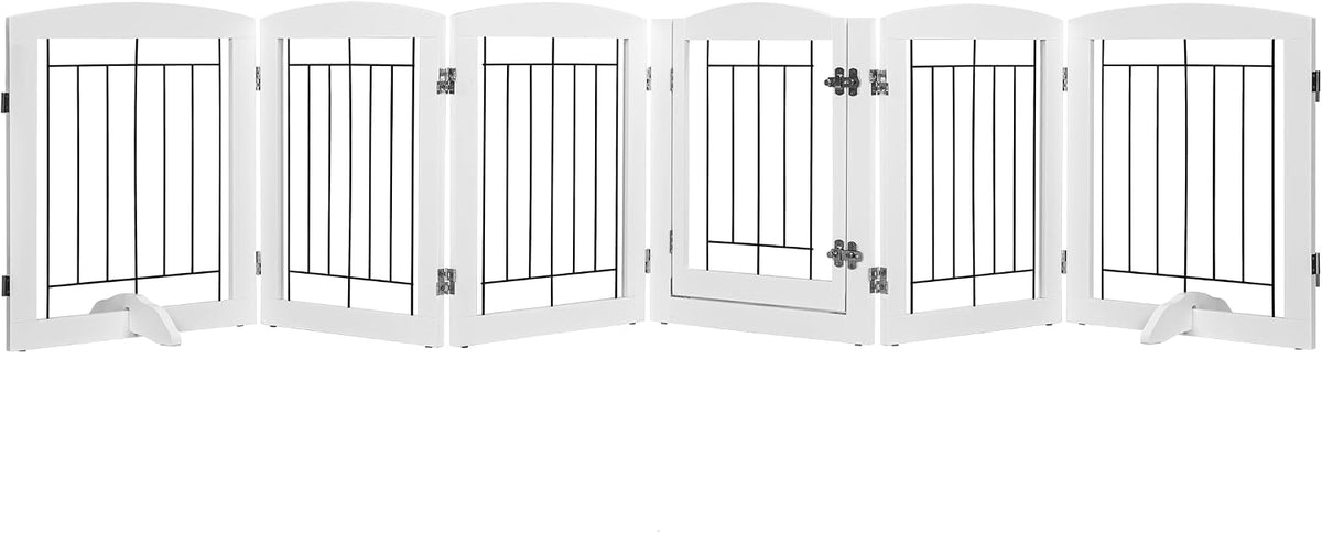 White six panel extra wide freestanding wooden pet gate with door