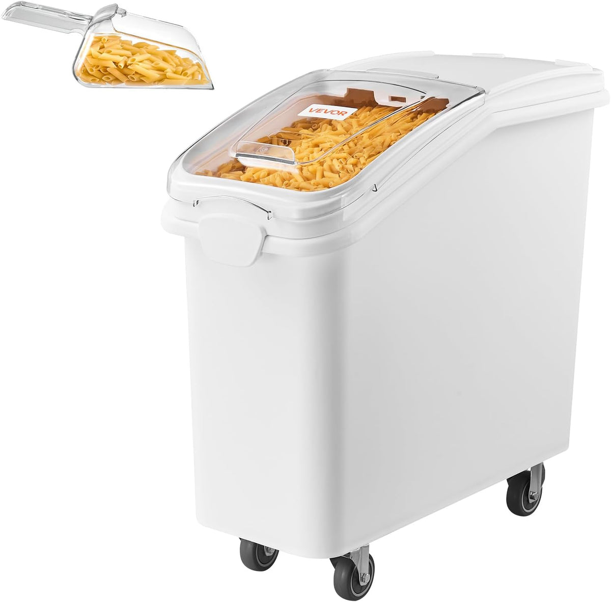 Three white airtight pet food storage bins with wheels and scoops – view 3