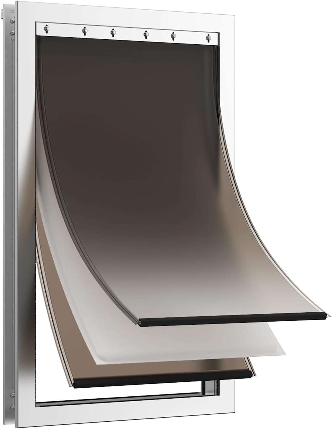 Silver aluminum three-flap extra large dog door in an exterior door