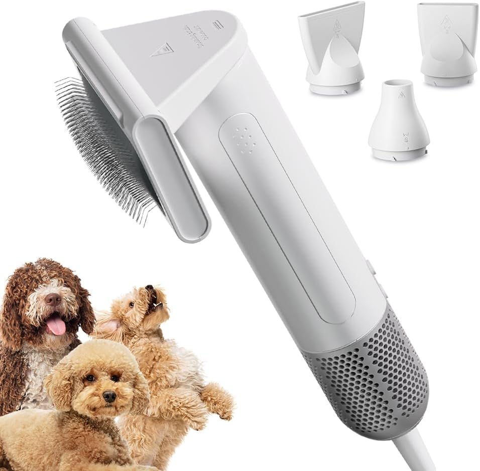Handheld dog hair dryer with grooming brush and four nozzles