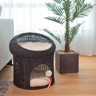 Elevated Rattan Cat House, Double-Layer Raised Cat Bed Nest Basket Chair, Black