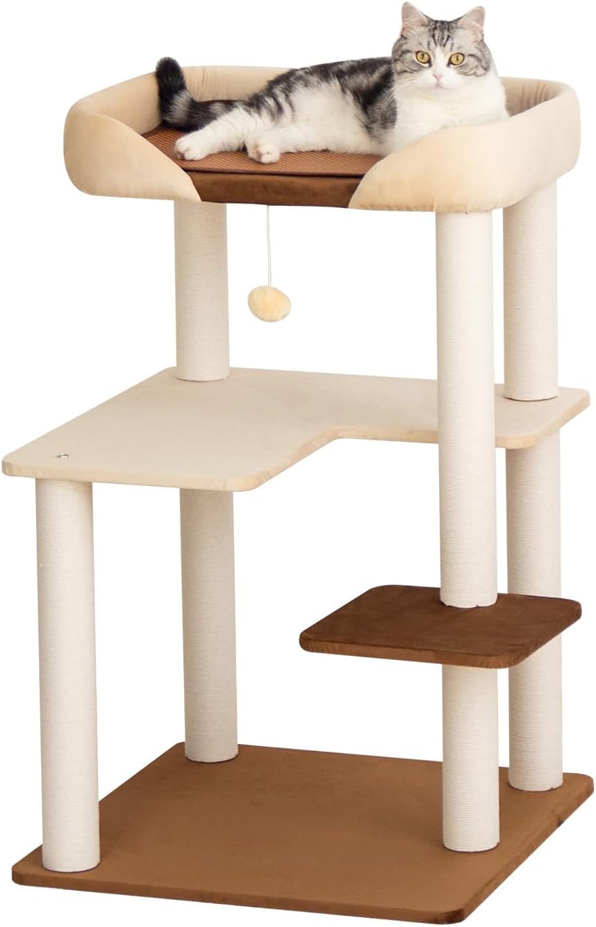 Low-step 37.5 inch cat tree with cushioned top perch and wide shelves