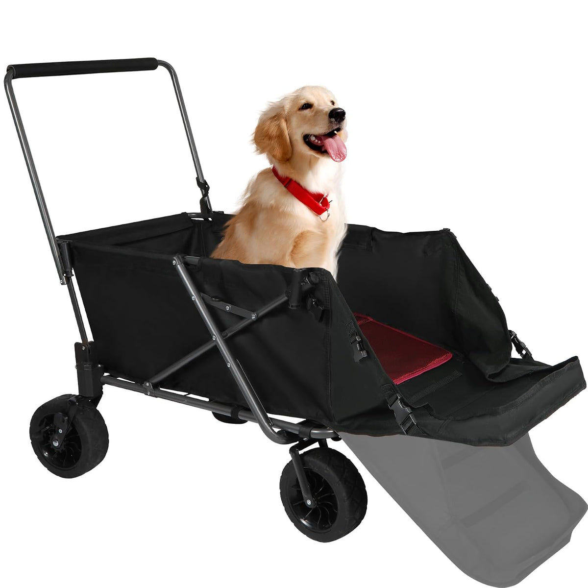 Black folding dog wagon with six wheels and extendable entry ramp – view 4
