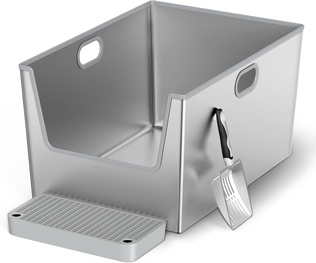 Stainless steel high-sided cat litter box with low front entry – view 3