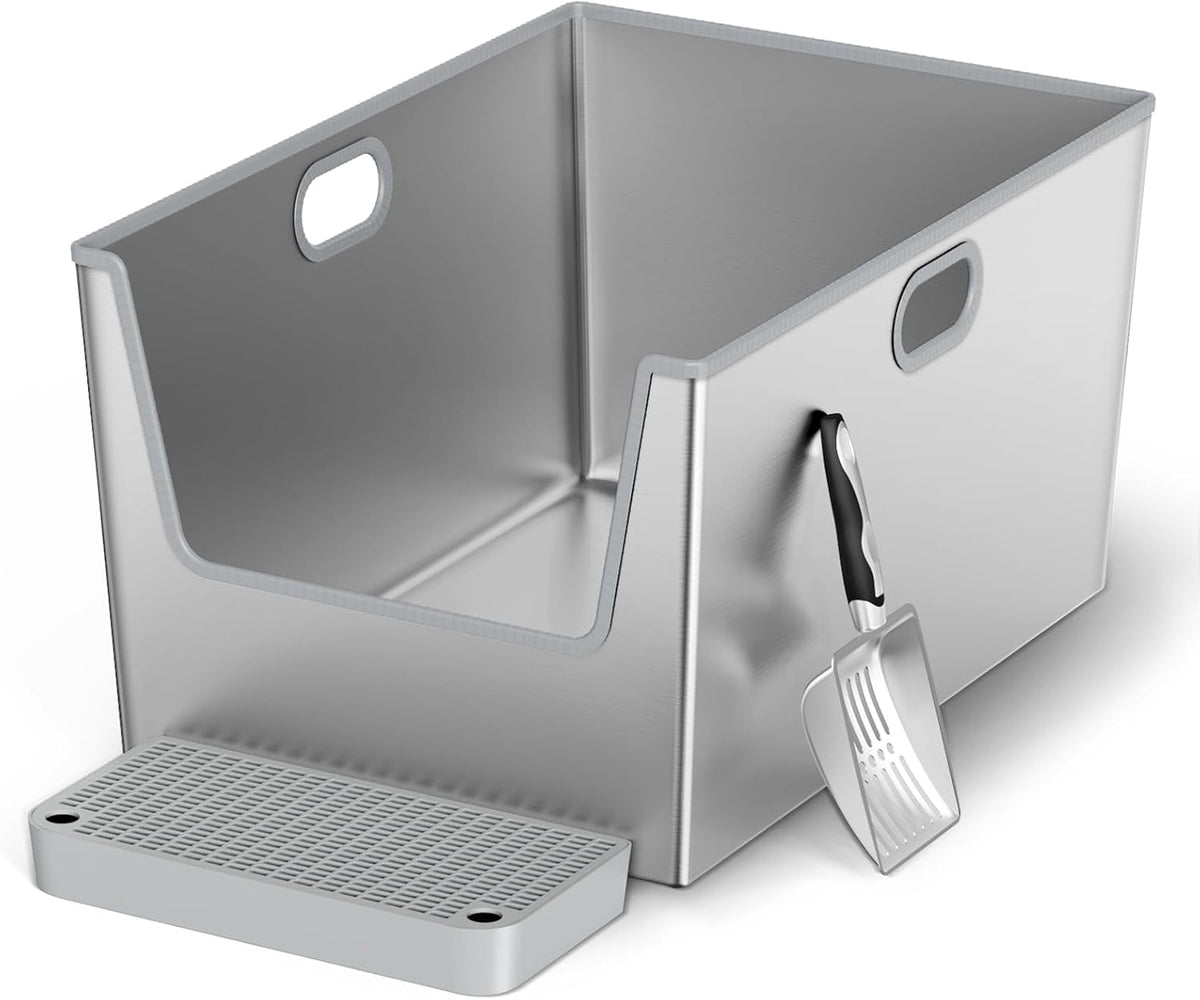 Stainless steel high-sided cat litter box with low front entry – view 3