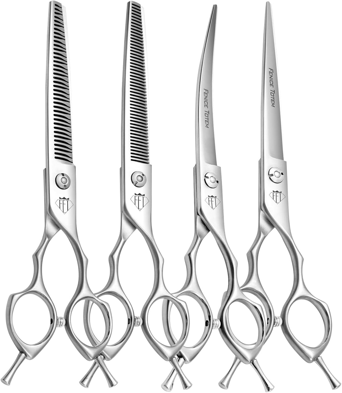 Set of 7 inch stainless steel dog grooming scissors: straight, curved, thinning and blending