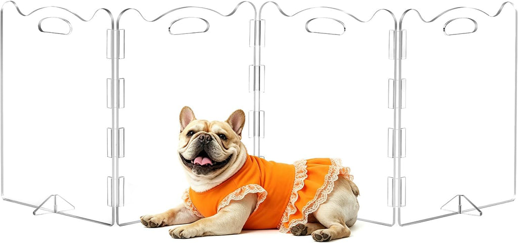 Clear acrylic six-panel freestanding pet gate with support feet in a living room – view 3
