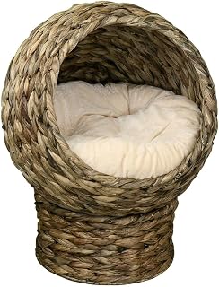 Wicker Cat Bed with Soft Cushion, Elevated Egg Chair Design, 20-Inch Height