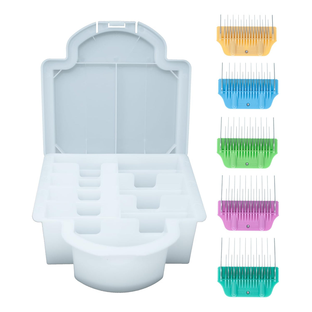 Five stainless steel wide skiptooth clipper guide combs in graduated lengths