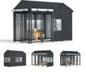 Black fleece-lined kennel cover with clear windows over an outdoor dog kennel