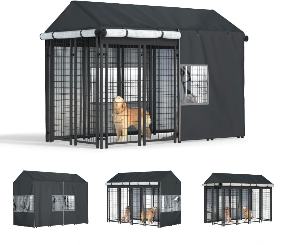 Black fleece-lined kennel cover with clear windows over an outdoor dog kennel