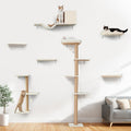 Beige wooden cat wall shelves and scratching post mounted on a wall