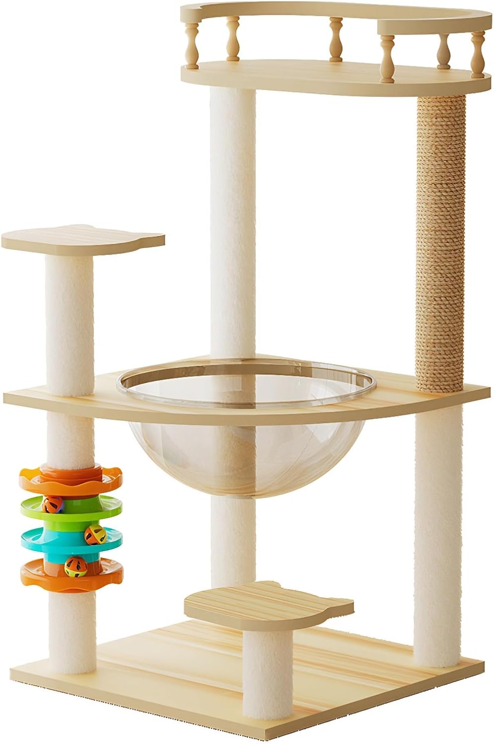 Floor-to-ceiling wooden cat tower with sisal posts, condo cave and top perch – view 3
