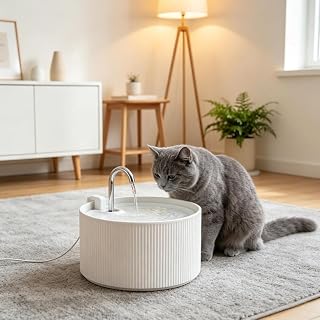 Ceramic Cat Water Fountain, 2.2L, with 4-Layer Filter and Faucet Flow