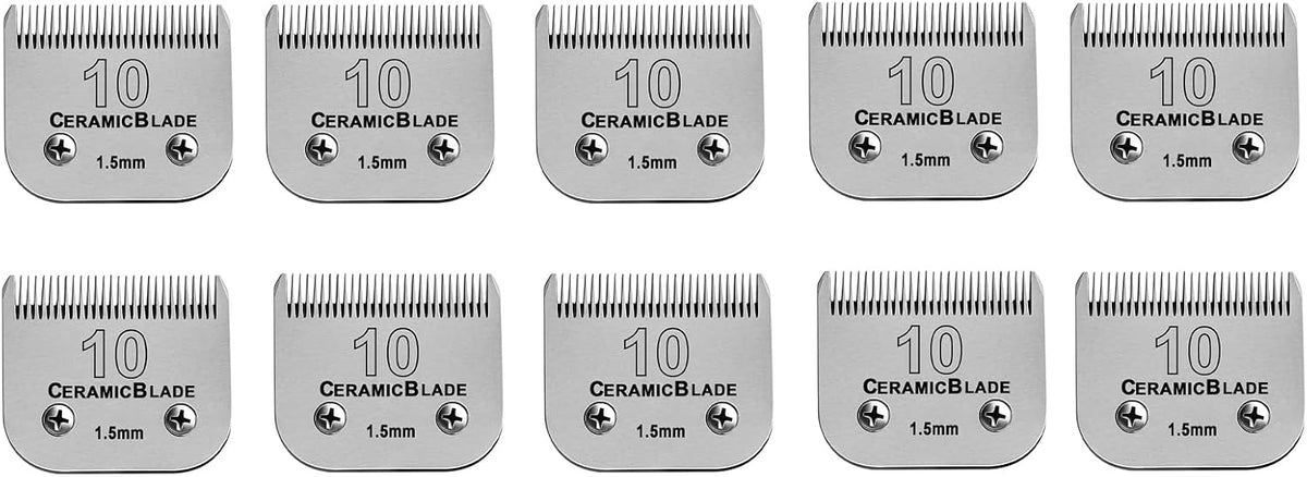 Set of seven ceramic detachable dog grooming clipper blades laid out by size – view 8