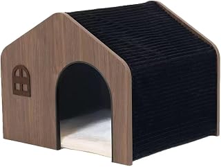 Wooden Cat House with Scratch Pad, Indoor Cat Bed Hideaway, Dark Walnut