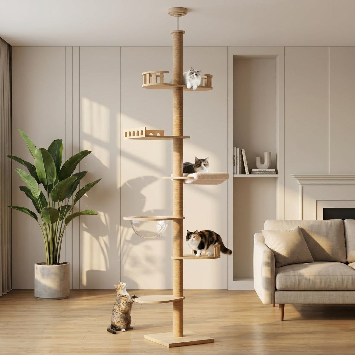 Floor to ceiling six-tier cat tree with transparent capsule and hammock