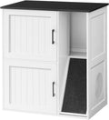 White and black wooden end table hiding two cat litter boxes