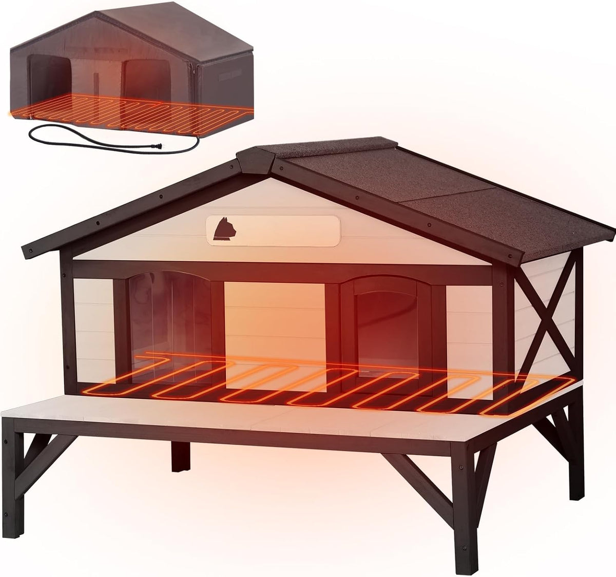 Insulated outdoor cat shelter with asphalt roof, PVC curtain and balcony