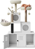 White multi-level cat tower on a litter box enclosure with condo