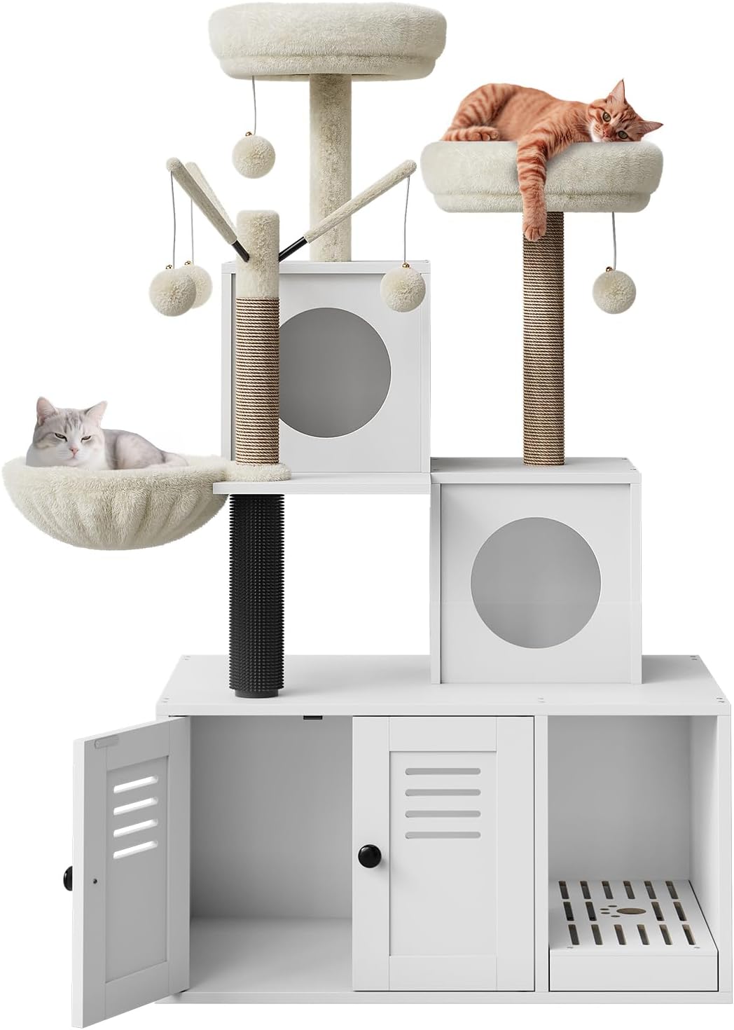 White multi-level cat tower on a litter box enclosure with condo