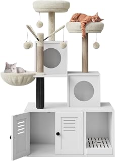 Multi-Level Wooden Cat Tree Tower with Hidden Litter Box Enclosure and Condo, White