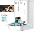 White automatic pet feeder with built-in camera and dual food hopper